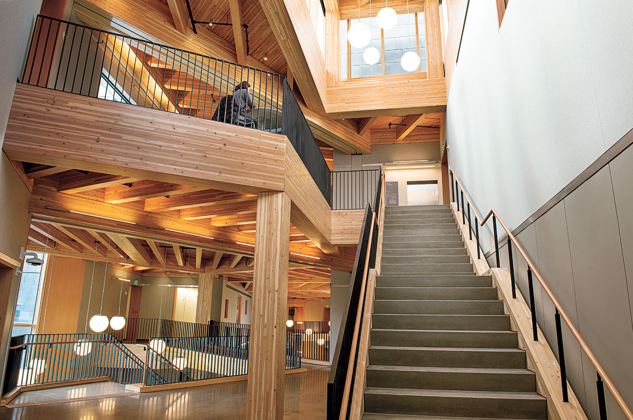 Interior mass timber stair and atrium at the Wellesley Science Center