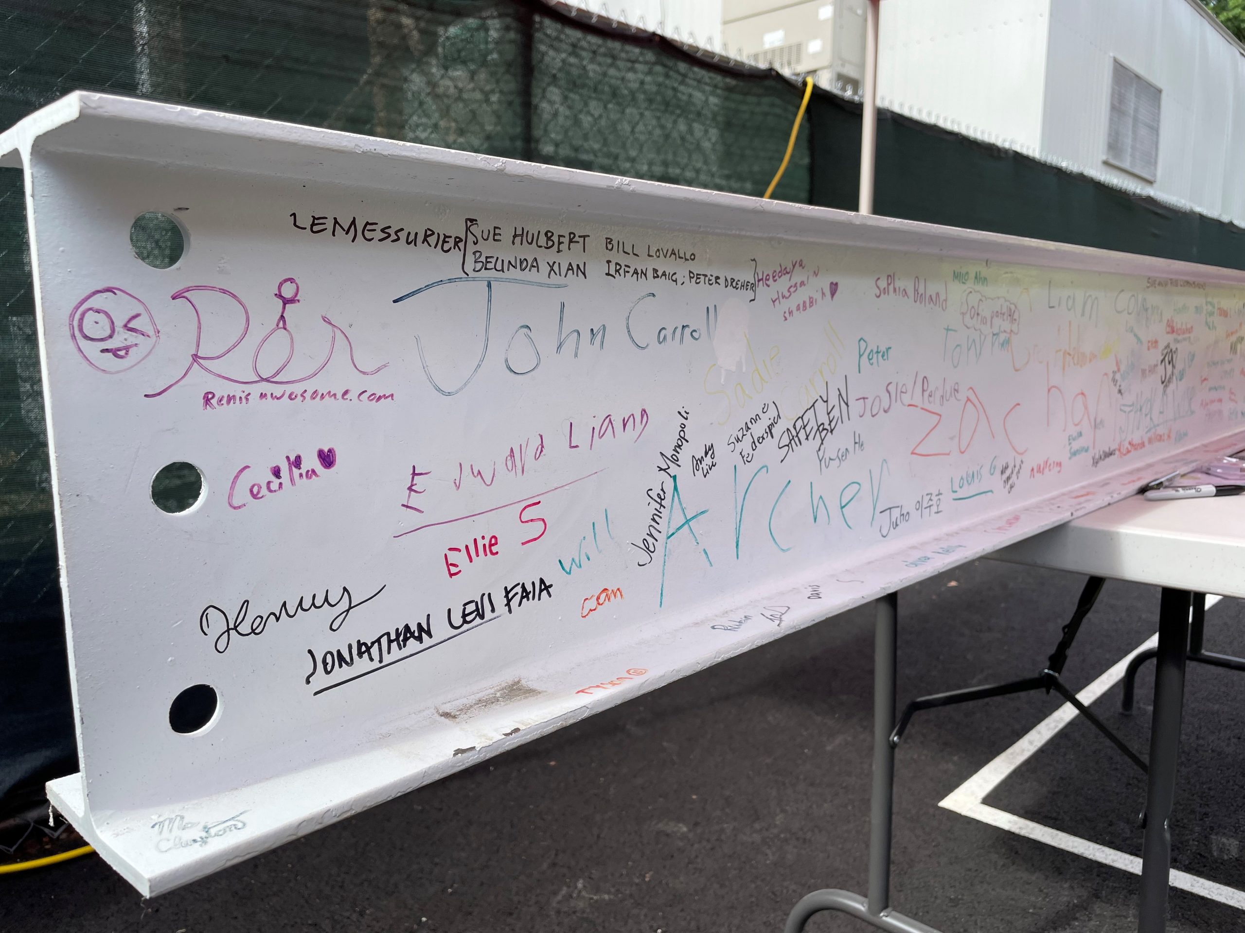 LeMessurier team's signatures on the final steel beam at the Driscoll School Topping Off Ceremony