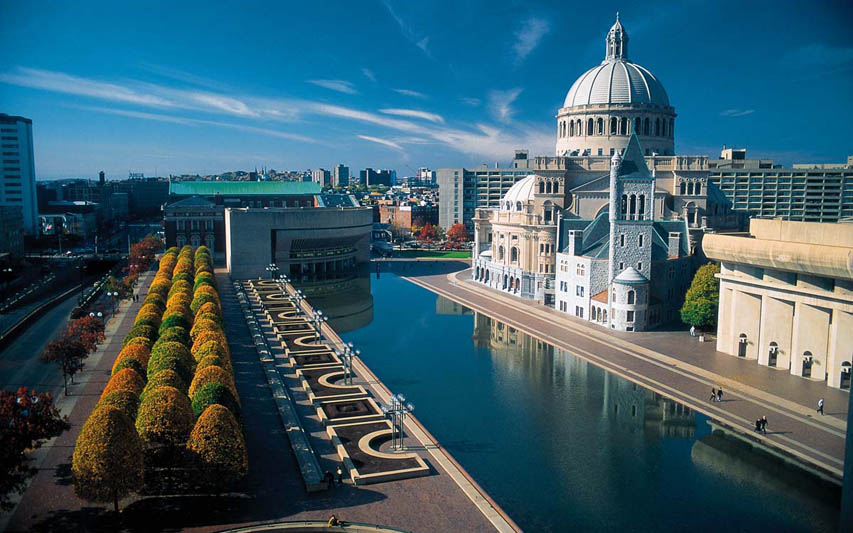 Aerial view of reflecting pool at the First Church of Christ/Christian Science Plaza