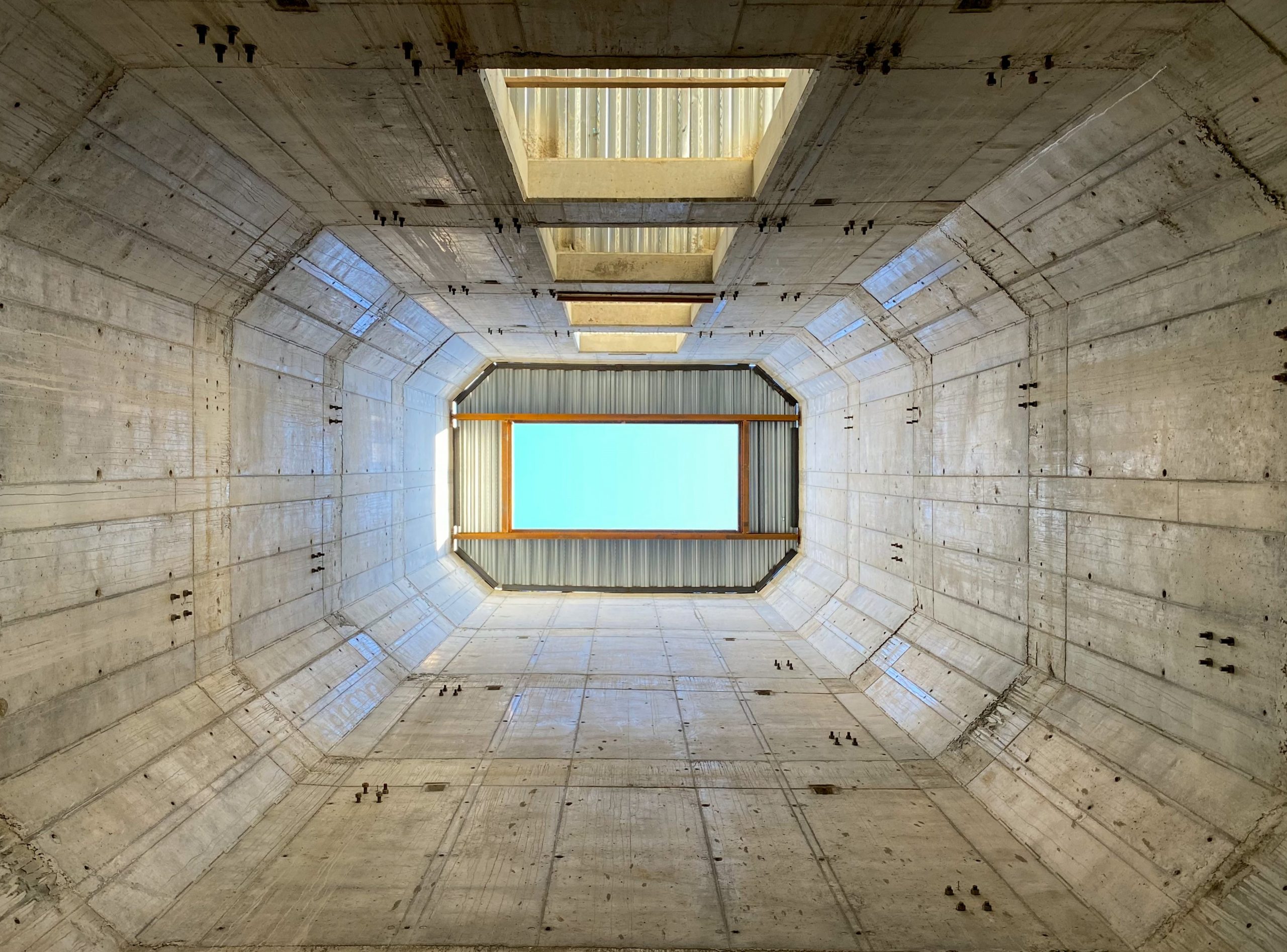 Kenyon College_70-foot spiral stair concrete core View up the 70-foot concrete core, ready for installation of a stairwell.