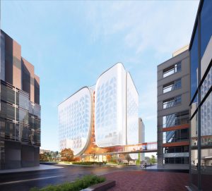 Rendering of the New Cancer Research Hospital at Dana Farber/Beth Israel Deaconess Medical Center in Boston with lighted windows.