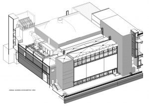 Axonometric drawing of Animal Garden complex showing domed roof, viewing areas, and service spaces in technical wireframe style.