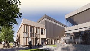 Digital rendering of modern campus building with mixed materials, featuring large windows and active student life amid landscaped grounds.