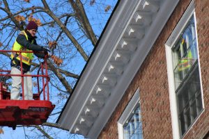 Maintenance worker in safety vest uses hydraulic lift to reach tree branches near brick building's white cornice.