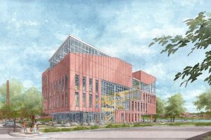 Watercolor rendering of modern academic building with brick and glass facades, featuring atrium and landscaped campus setting.