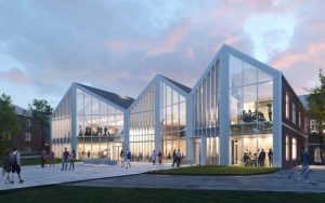 Evening rendering of glass-walled academic building with zigzag roofline, showing illuminated interiors and community gathering spaces.