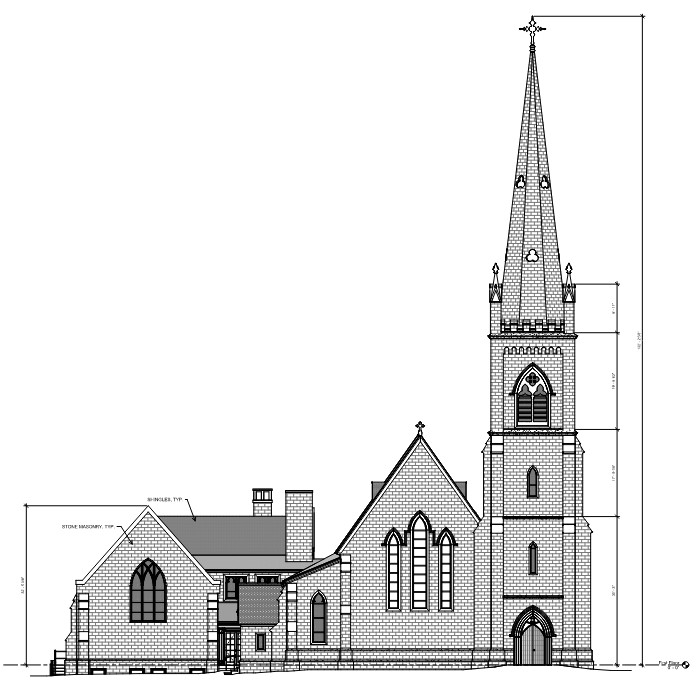 Technical elevation drawing of Gothic church showing spire, nave, and parish hall addition with architectural specifications.
